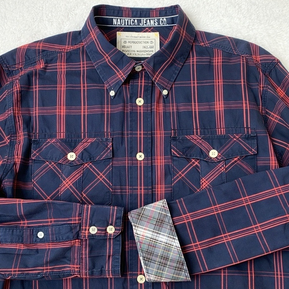 Nautica Jeans Co. Flip Cuffs Shirt Men XL Navy Red Plaid Americana Button Down